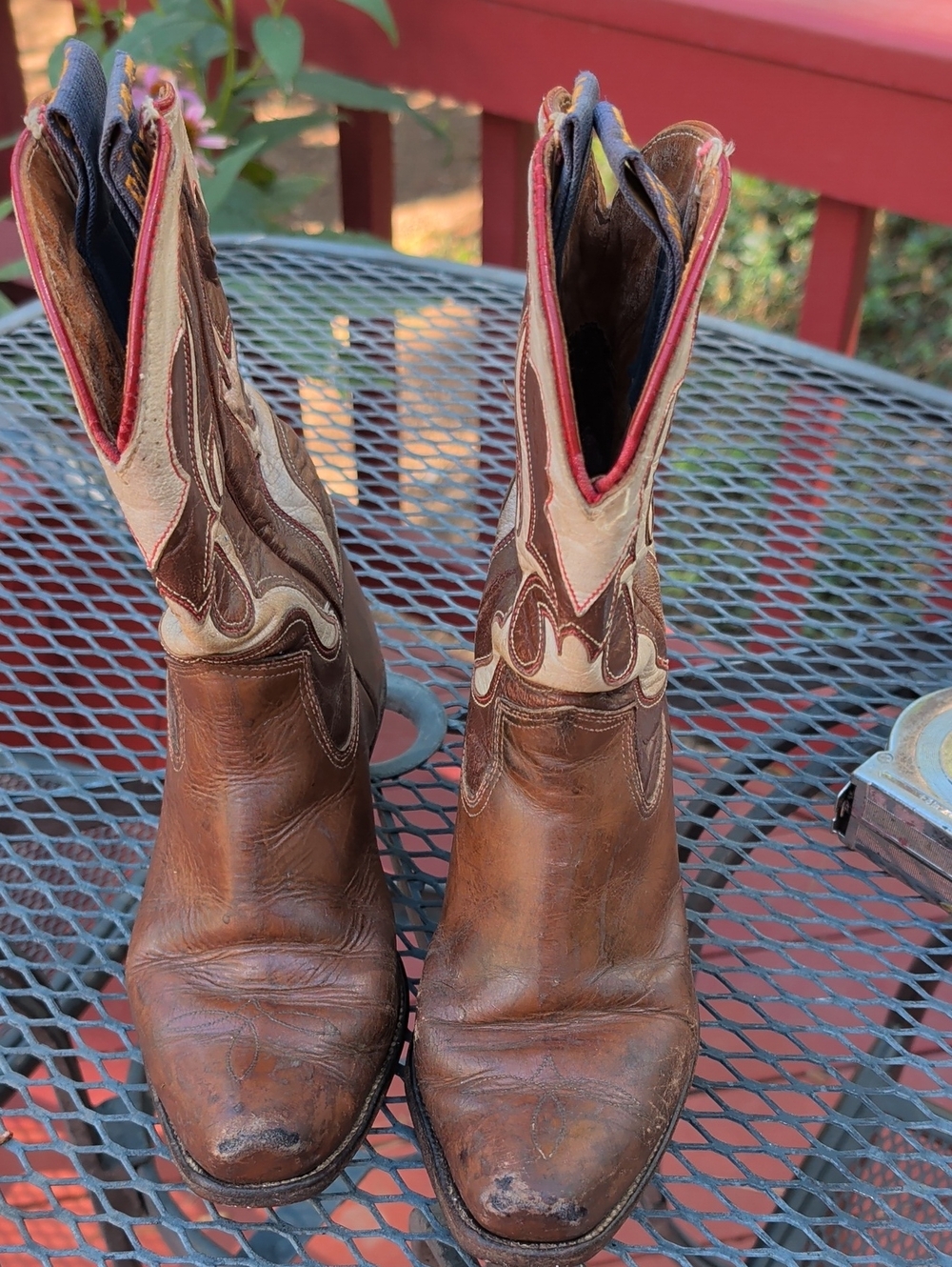 ACME  Vintage Brown and Cream Western Ankle Boots with Red Trim